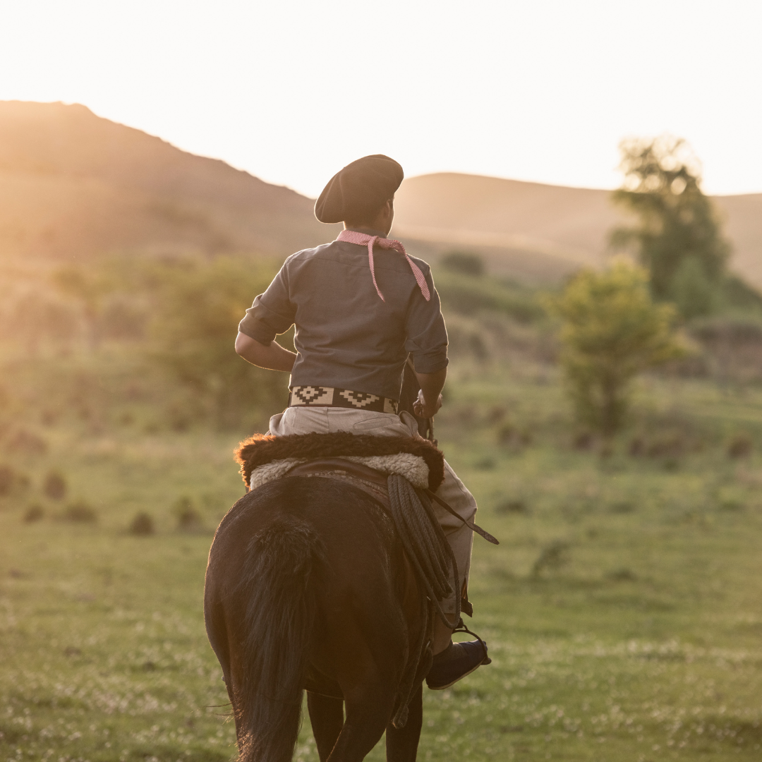 A person wearing a beret and uniform rides a horse through a grassy field at sunrise, as if on a private trip through the heart of Patagonia. The sun casts a warm glow over the landscape, with hills and scattered trees in the background.