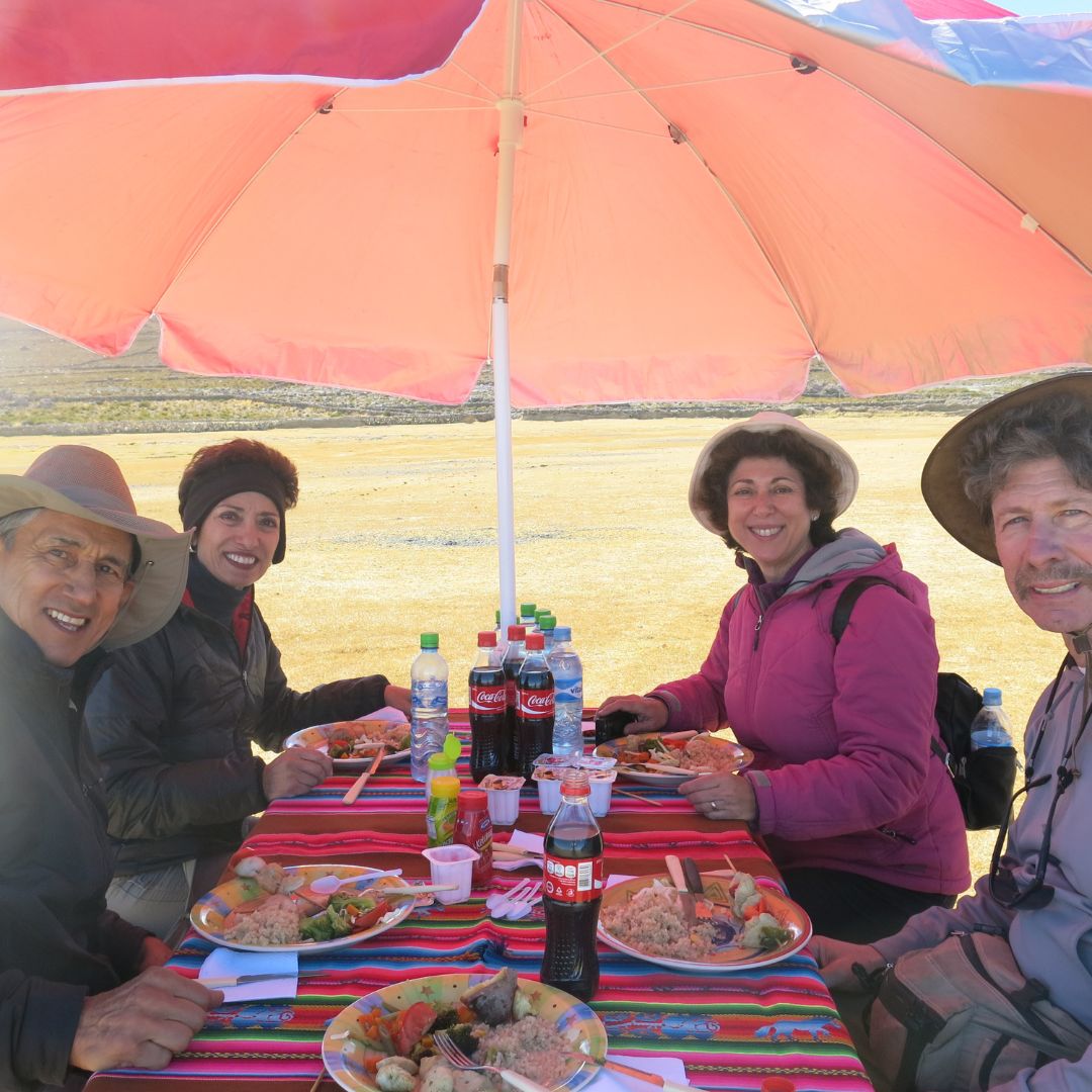 Four travelers sit around a table outdoors under a large pink umbrella, enjoying a meal together. The table is covered with colorful cloth and plates of food. They are smiling, wearing hats, and surrounded by open landscape.